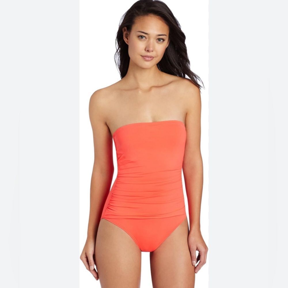 Echo orange strapless ruched one piece swim suit